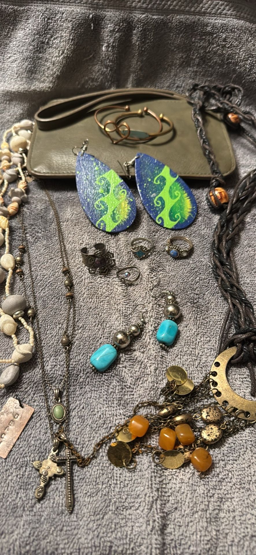Lot of Assorted boho accessories artsy eclectic jewelry and wristlet wallet