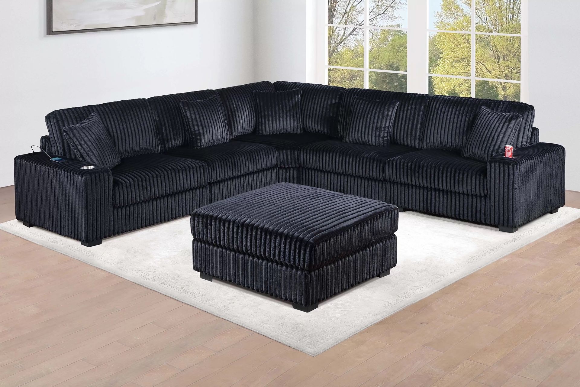BLACK FUR LIKE CORDUROY SECTIONAL WITH OTTOMAN
