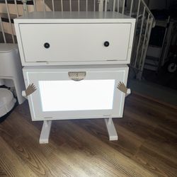 Robot Nightstand with LED Light Strips, End Table with 360 Degree Rotating Drawer, Modern Design Bedside Table with Glass Door Storage, Wood Cabinet f