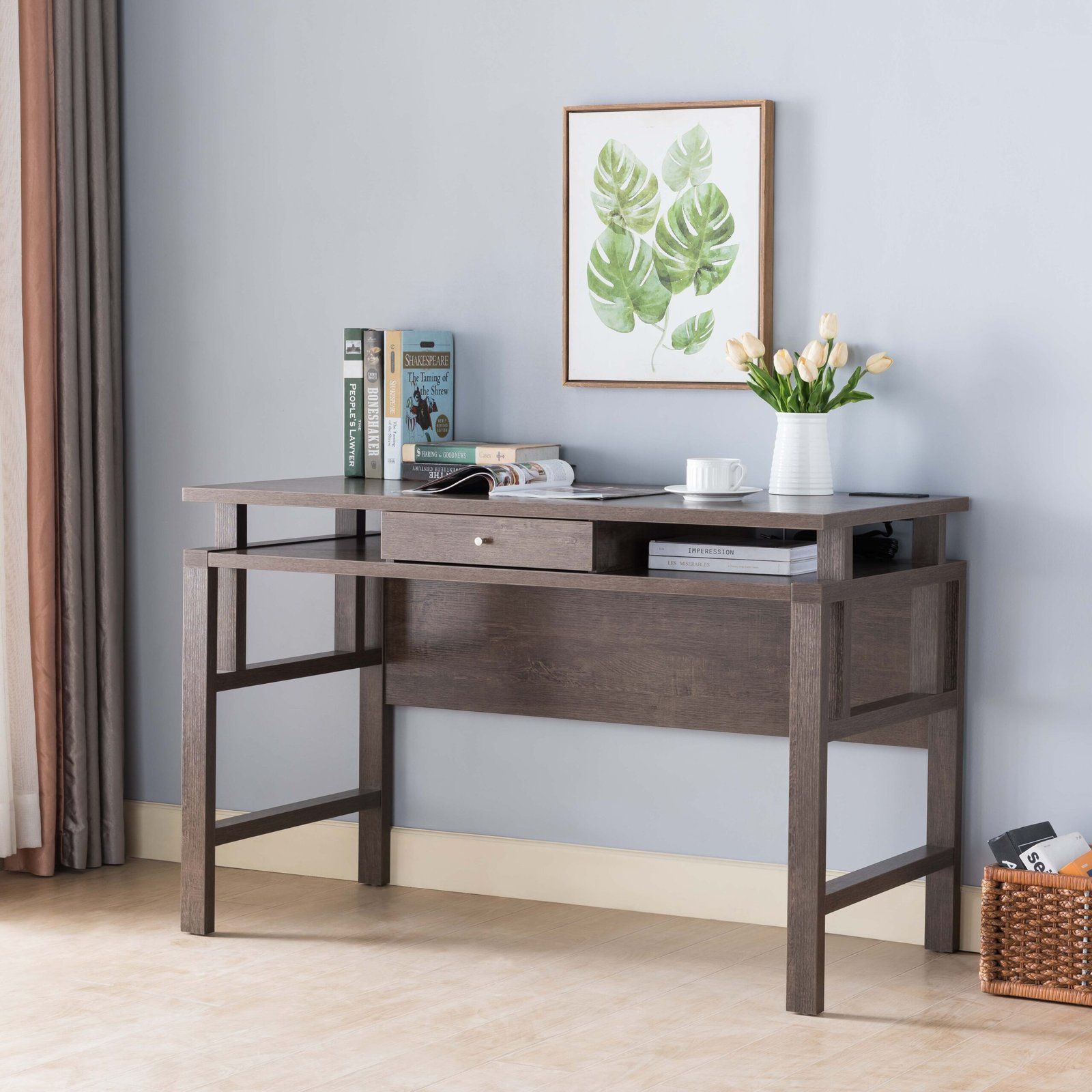 Computer Desk With Power Outlet and USB Ports in Walnut Brown Finish Ready To Assemble