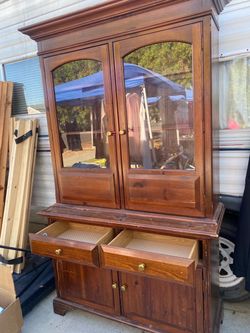 Two Piece Wooden China Cabinet Vintage
