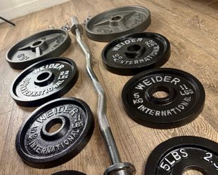 Olympic Curl Bar & Cast Iron Weight Plates: 35s, 22s, 11s and 5s. Total: 164 lbs.