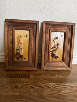 Vintage McGee artist made Wood Framed Bird  mixed media Wall Art Set of 2