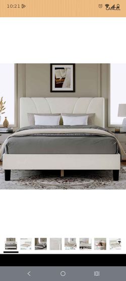 King size Cream Upholstered Platform Bed Frame