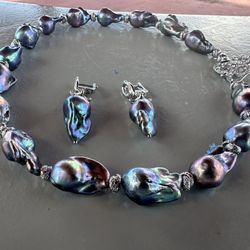 19 inch Peacock Baroque Pearl Nautical Necklace and Earring Set, Accent Octopus Magnetic Clasp