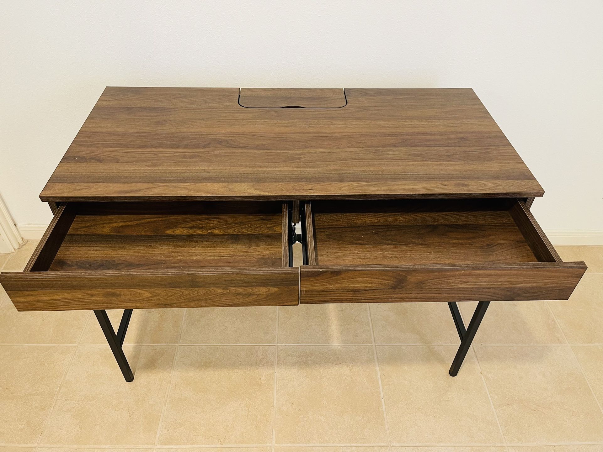 Loring Wood Writing Desk with Drawers and Charging Station Walnut