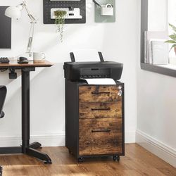 File Cabinet, Office Filing Cabinet with Lock, Pre-Assembled Except Wheels and Handles, for A4, Legal, Letter Sized Documents, 45 x 36.7 x 60 cm, Rust