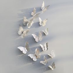 2 LEFT Beautiful NEW 12 pack 3D Silver Butterfly Wall Decor - Style B
