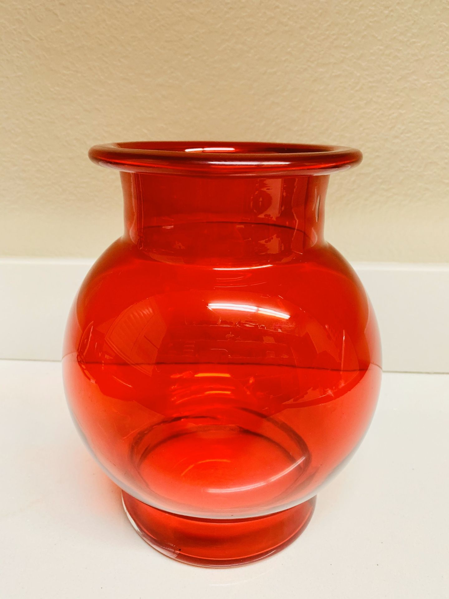 Light Red Glass Flower Vase 7”dia.(widest) x 8 1/2”tall