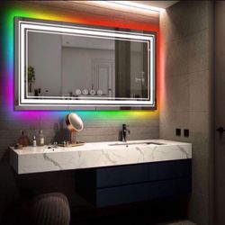 MOSILA 48X24 inch RGB LED Bathroom Mirror Color Changing Backlit + 3 Front Lighting Mirror Anti-Fog Smart Touch Mirror