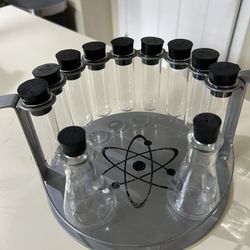 Mid Century Atomic Periodic Table Glass Oil bottles Test Tubes And Silver Metal Stand
