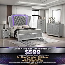 Silver LED Bedroom Set – Bed, Dresser, Mirror & Nightstand