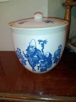 Vintage Chinese Blue & White Rice Ginger Jar Pot With Lid