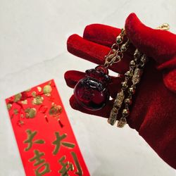 Red Amber Lucky Money Bag With Gold Plated Asian Chain