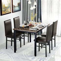 Faux Marble Dining Table And 4 Leather Chairs