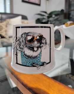 Anthropologie Dog Coffee Mug Florence BALDUCCI Sunglasses White. Perfect Condition!