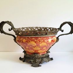 Antique Wilhelm Schiller Sons Bohemian Majolica Porcelain Bronze Bowl Floral 19"