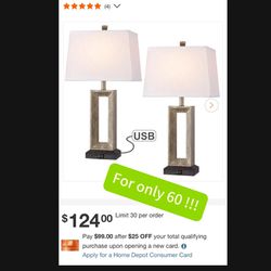 27.4 in. Bronze and Wood Tone Table Lamp with Double USB Port and White Linen Shade (Set of 2)