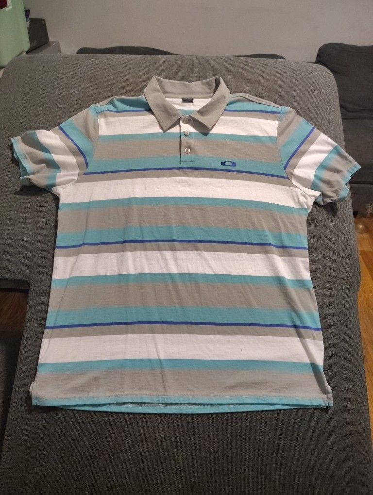 OAKLEY Men's Polo Size XL White/Blue Stripes Embroidered Logo EUC