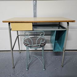 Vintage Mid Century Modern Student Desk & Chair Set | MCM Child's Desk | Industrial Teal Retro *Great Bridge*