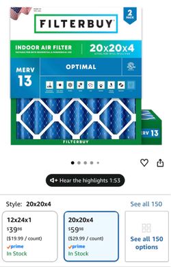 Filterbuy 20x20x4 Air Filter MERV 13 Optimal Smoke & Allergy Defense (2-Pack)