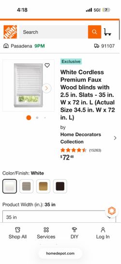 White Cordless Premium Faux Wood blinds with 2.5 in. Slats - 35 in. W × 72 in. L (Actual Size 34.5 in. W x 72 in. L