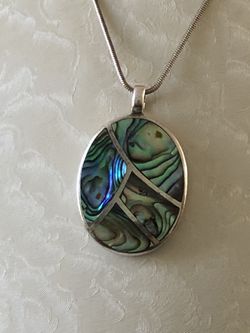 Jewelry, mother of pearl inlaid necklace pendant sterling silver,2” oval ,18” chain