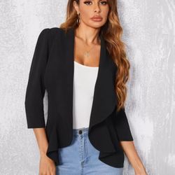 Black Draped Open Front Longline Blazer – Classic Women’s Jacket Size Small