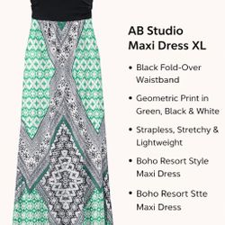 AB Studio Maxi Dress XL Green Black Geometric Print Strapless Boho