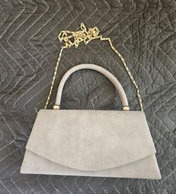 Light Gray Suede Clutch with Gold Chain Strap and Top Handle