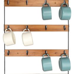 Wall Mounted Coffee Mug Holder, Large 5 Tier Shelf with 20 Hooks for Cups, Rustic Wooden Display Rack for Kitchens, Homes and Bars