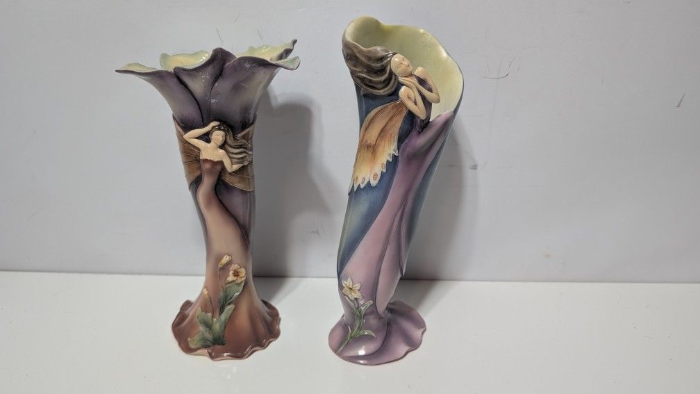 Pair of 9.5" and 8.5" Art Nouveau Style Resin Vases with Elegant Woman Figurines