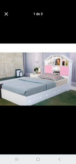Kids Bed Frame with Storage and Bookcase Headboard