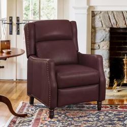 Lange 28 in. W Burgundy Genuine Leather Nailhead Trim Recliner Arm Chair with Cushioned Back and Wooden Legs