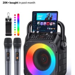 Karaoke Machine, Portable Bluetooth Speaker with 2 Wireless Microphones for Adults & Kids with Lights, Karaoke Microphone with PA System Supports USB/