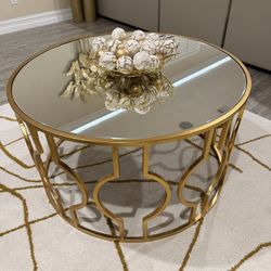 Contemporary Round Glass, Coffee Table, Brass Metal Frame