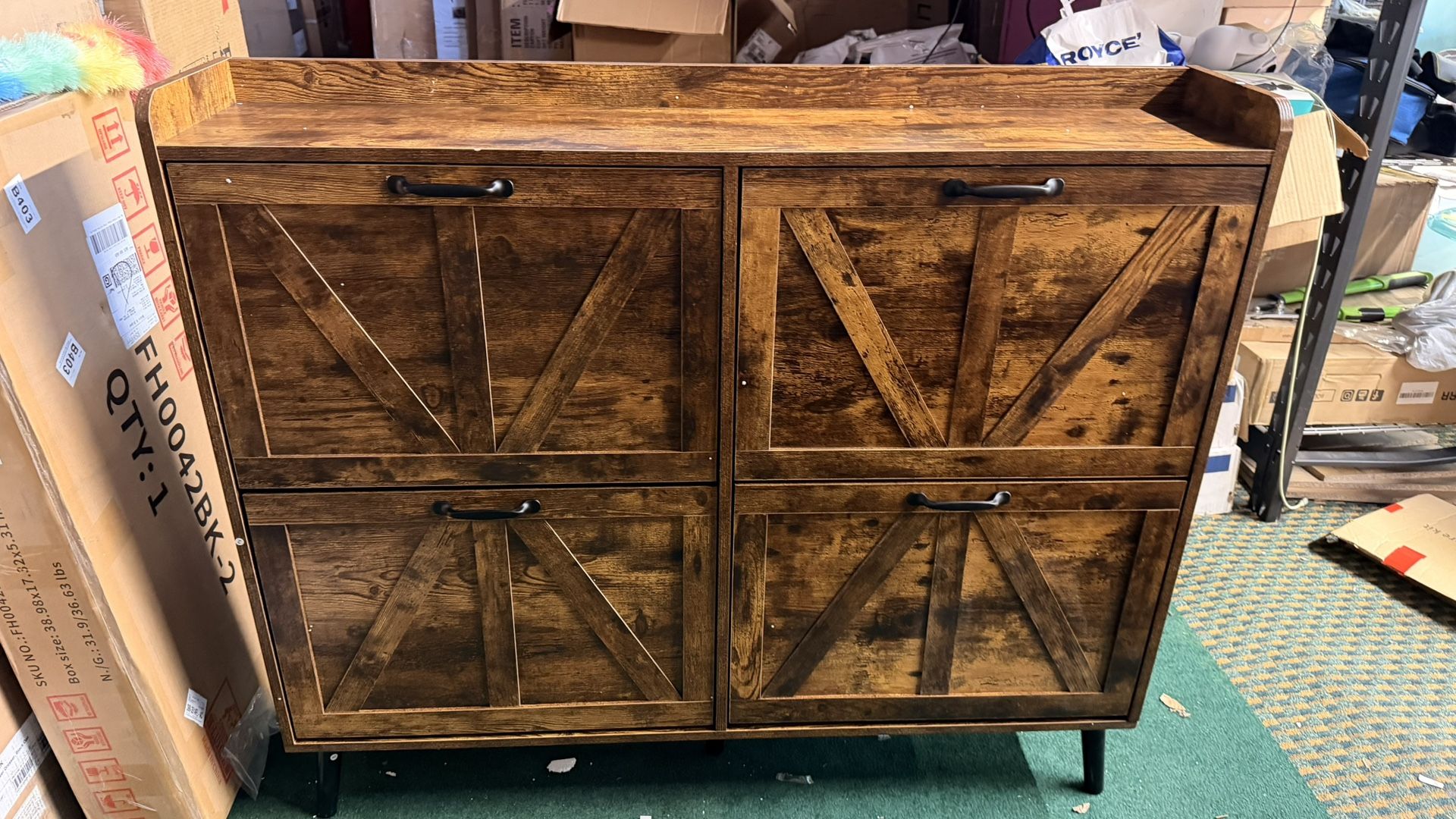 Shoe Cabinet Storage for Entryway Slim, Farmhouse Shoe Organizer Cabinet with 4 Flip Drawers, Farmhouse Hidden Shoe Rack with Wooden Legs, Rustic Brow