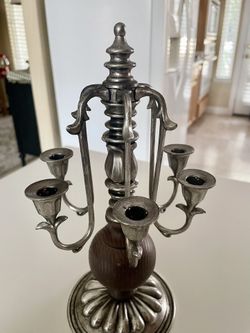 Vintage Dilly 6 Arm Candelabra Candle Holder, Antique Silver & Wood, 10" high