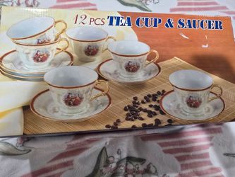 💯 12 pcs New Romeo &Juliet Tea Cups  Saucers Gold Trim Handles Iridescent White