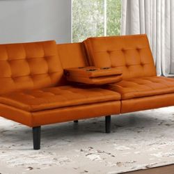 Brand New Orange Leather Futon Sofa Sleeper 