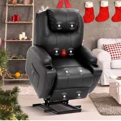 Power Lift Recliner Chair PU Leather with Massage for Elderly Ergonomic Lounge Chair Classic Single Sofa with 2 Cup Holders Side Pockets Home Theater 