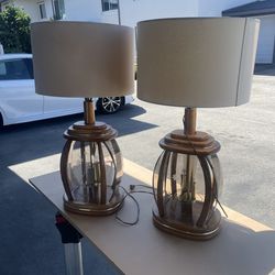 Solid Oak Table Lamps with etched glass