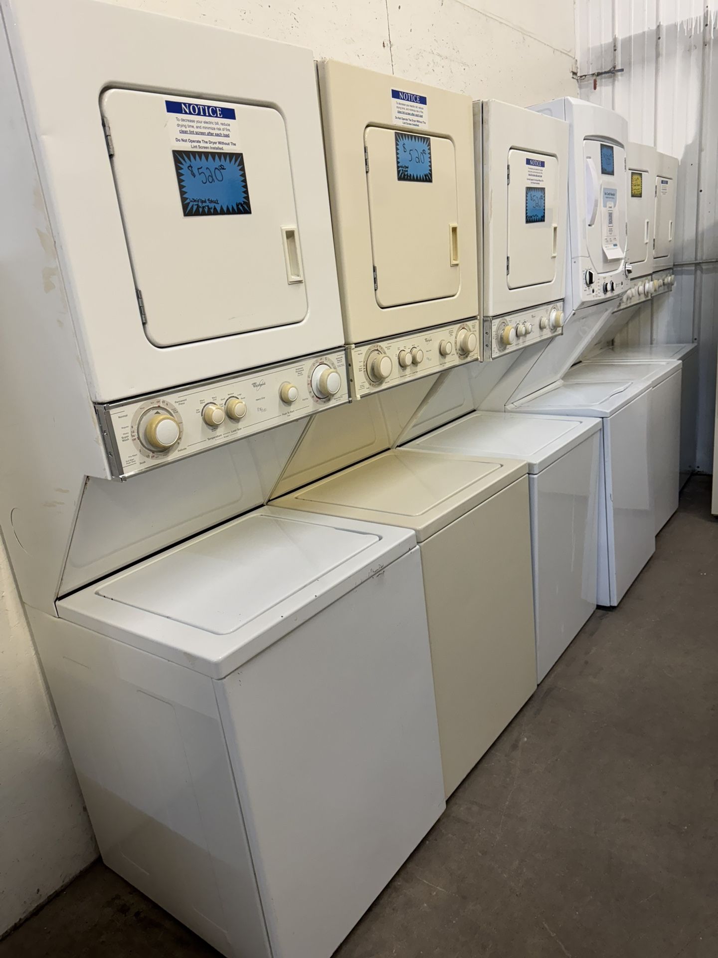 Several Clean Stackable Washers & 220 Electric Dryers