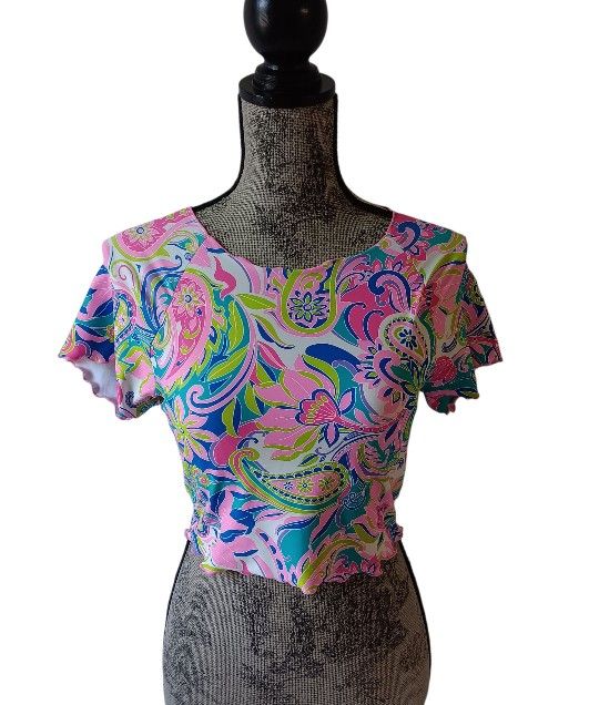 No Boundaries girls multicolored floral short-sleeve crop top size S