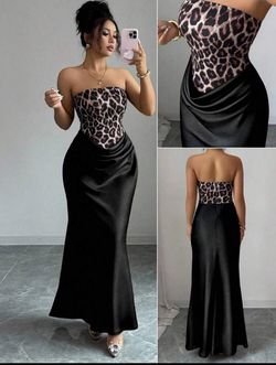 Black Cheetah Print Long Strapless Dress