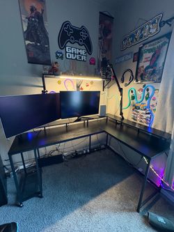 Large 66” L-Shaped Gaming Desk w/ Shelf & Outlets