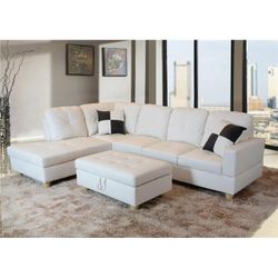 New White Leather Sectional With Ottoman 