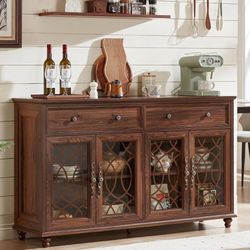 Farmhouse Sideboard Buffet Cabinet with Storage,59" Large Credenza with 4 Glass Doors & 2 Drawers,Adjustable Shelves Console Table,Wood Kitchen Coffee
