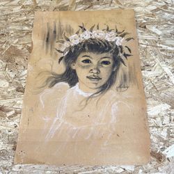 Vintage Hawaiian Girl Art 1970s Charcoal Drawing James Stickney