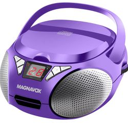 Magnavox MD6924 Portable Top Loading CD Boombox with AM/FM Stereo Radio in Black | CD-R/CD-RW Compatible | LED Display | AUX Port Supported | Purple